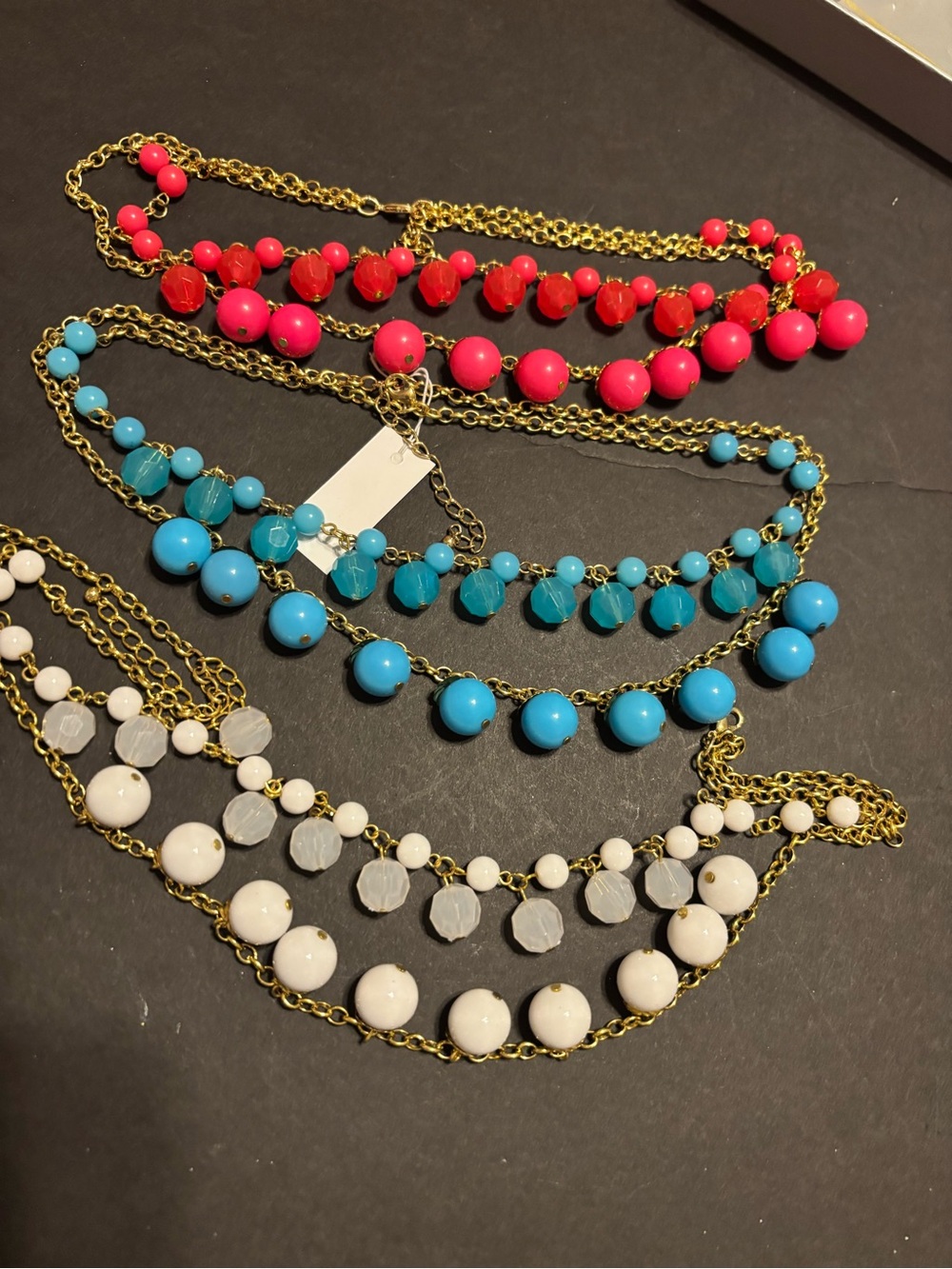 3 NWOT Statement Necklaces Gold Tone Blue Pink White Beaded Multi Strand Lot